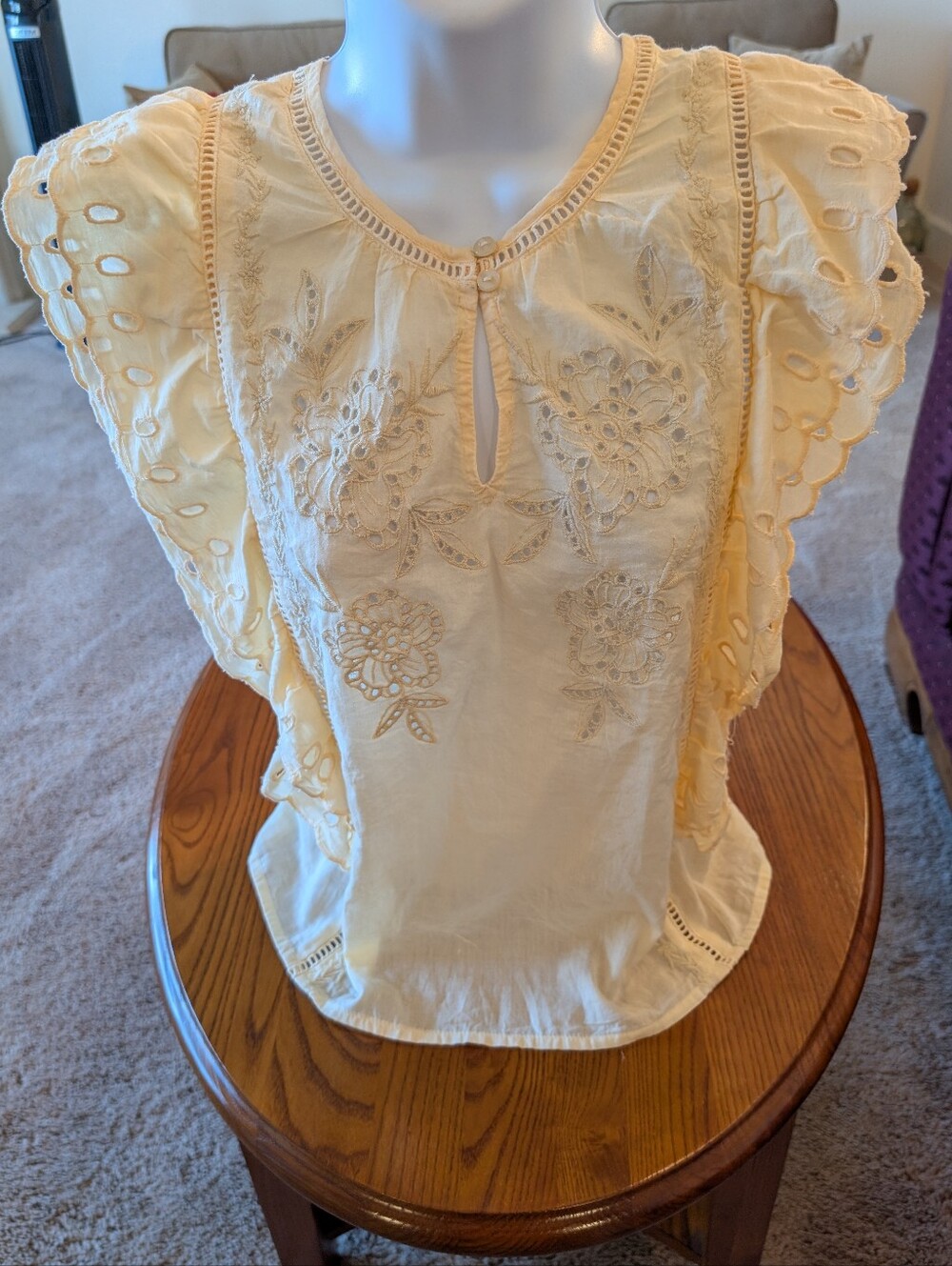Calypso St Barth Cotton Cream Embroidered Eyelet Flutter Sleeve Top - Size S